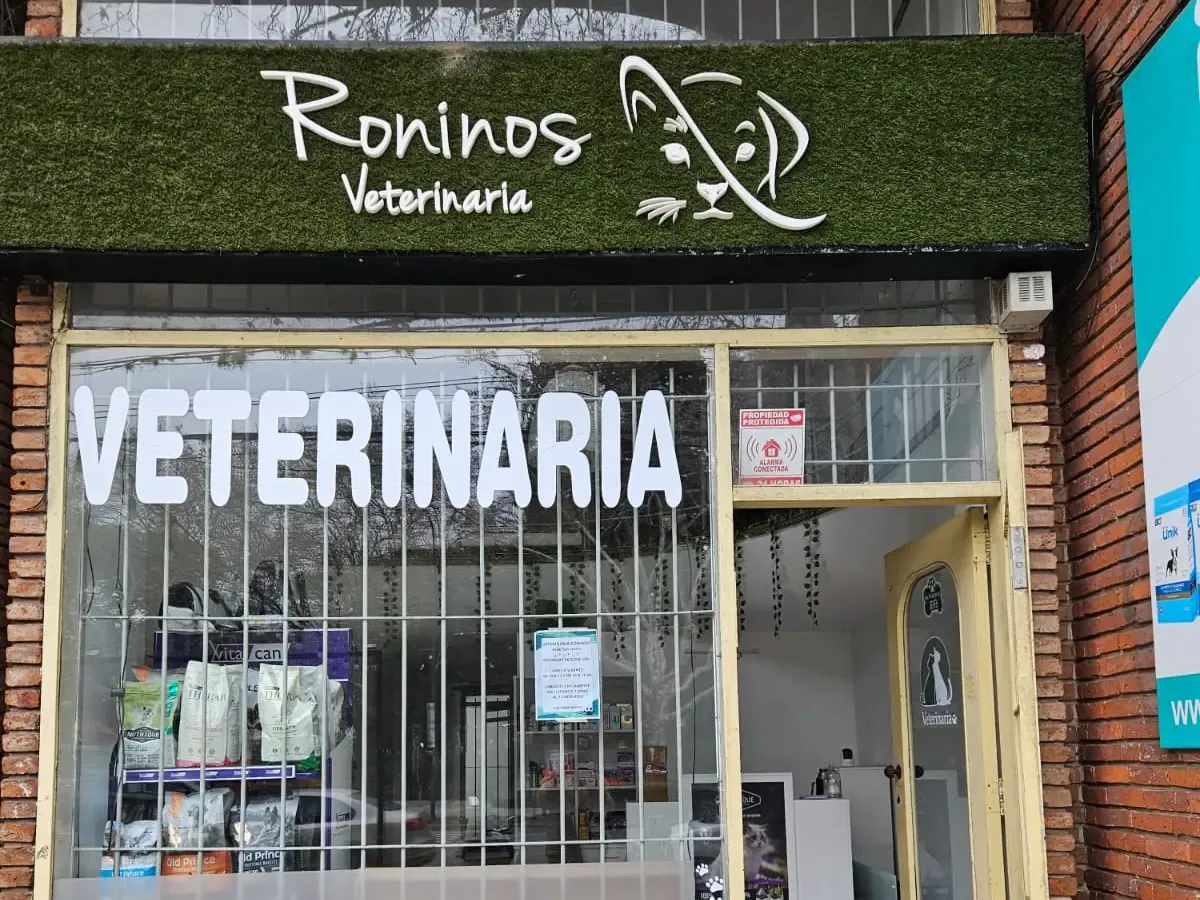 Frente de Roninos en Av. Márquez: cartel de césped sintético con el logo en relieve, vidriera con la palabra Veterinaria, un banco de madera y una planta en la vereda.