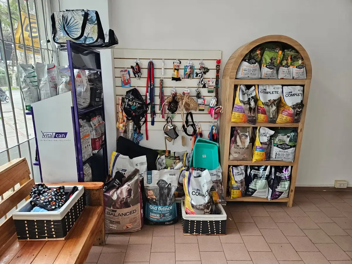 La góndola de alimento de Av. Márquez, con bolsas apiladas y una pared con collares, correas, pretales y juguetes colgados.