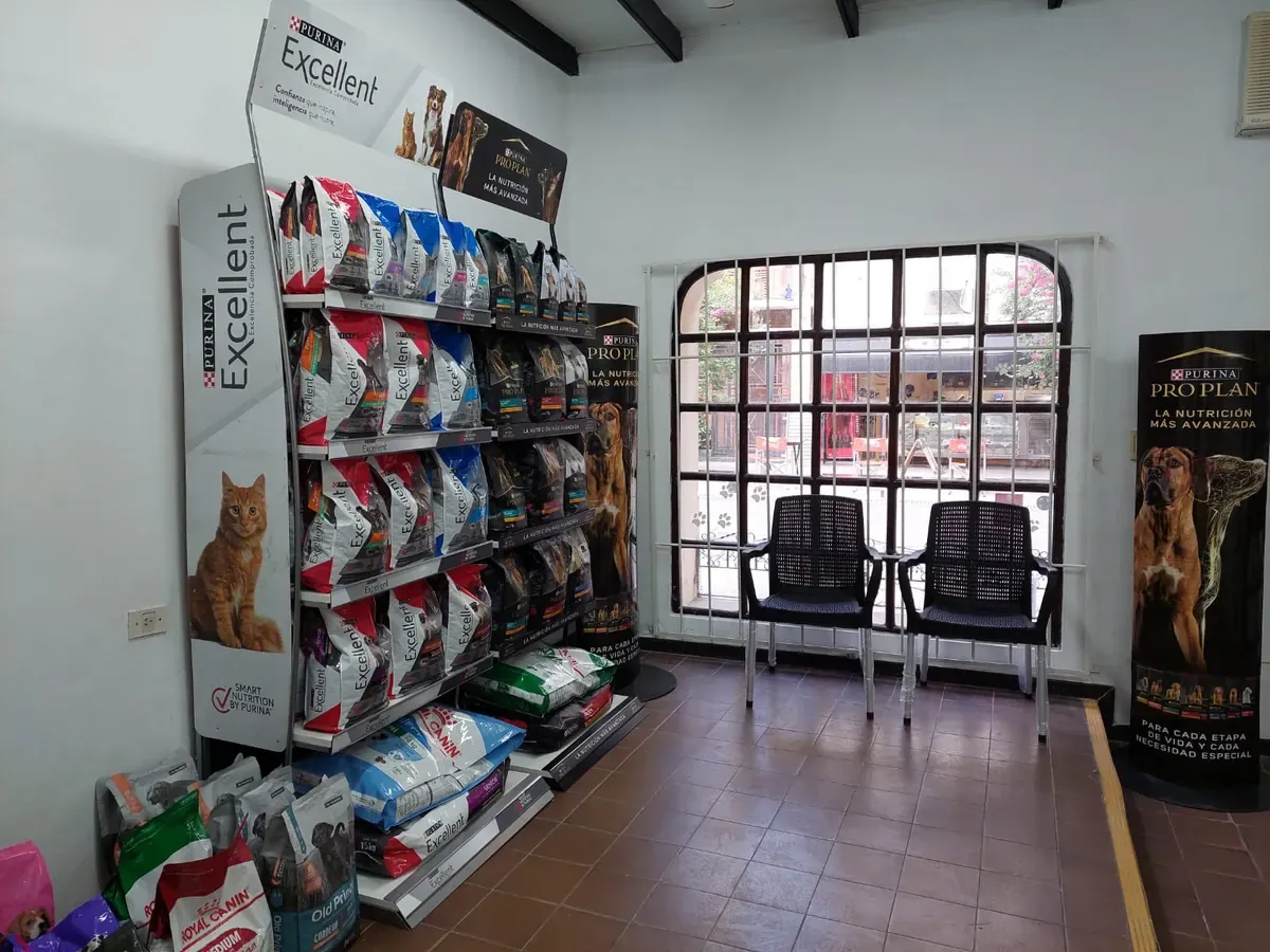 La góndola de alimento balanceado de Del Carmen, con bolsas apiladas, y al lado la sala de espera con dos sillas junto a la ventana.